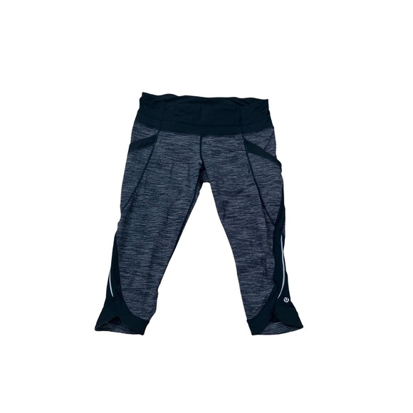 lululemon athletica Pants - Lululemon Wunder Under Crop Leggings Black‎ Grey Heathered Zip Pocket Size 10